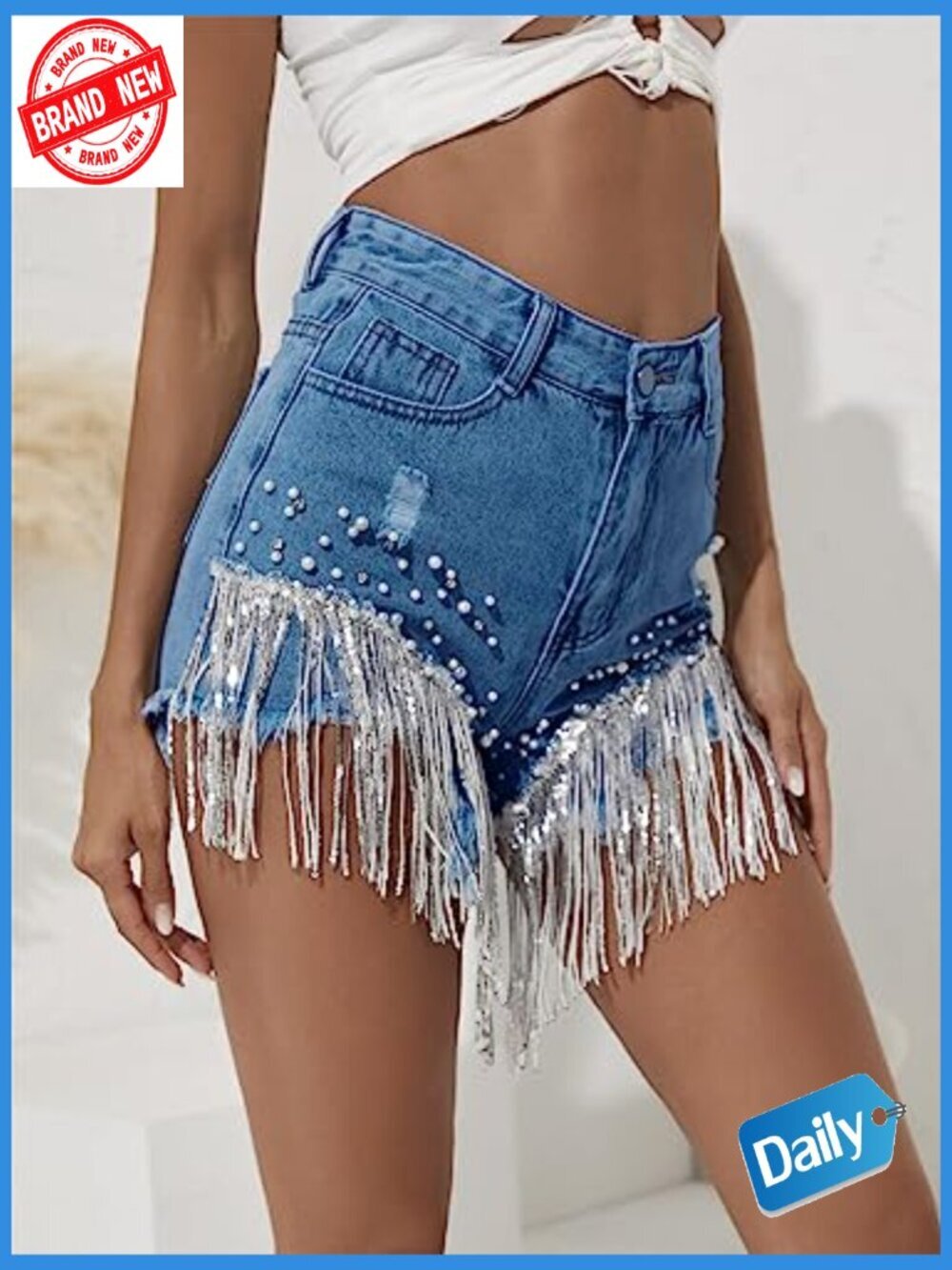 High Waisted Denim Shorts Ripped Frayed Raw Hem Tassels Jean Shorts - Picture 5 of 7